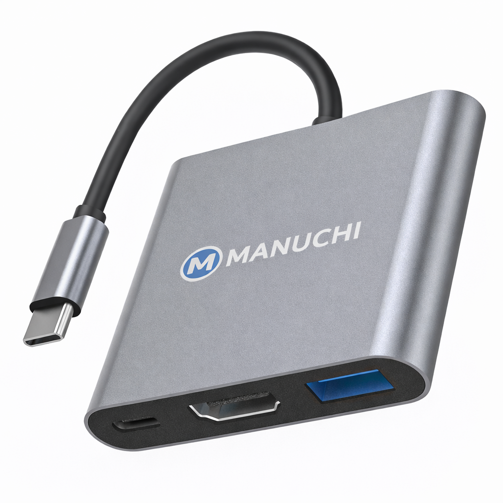 Manuchi USB-C Hub – 3 in 1 Type-C Adapter with HDMI, USB 3.0 & PD Charging | 4K Support | High-Speed Data | Premium Metal Build