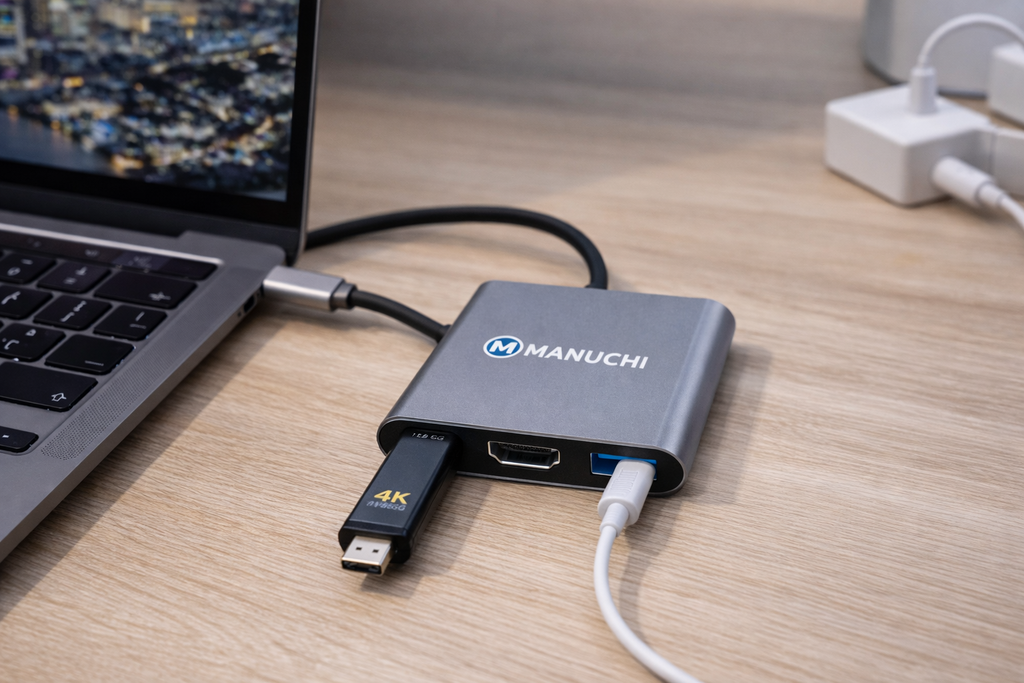Manuchi USB-C Hub – 3 in 1 Type-C Adapter with HDMI, USB 3.0 & PD Charging | 4K Support | High-Speed Data | Premium Metal Build