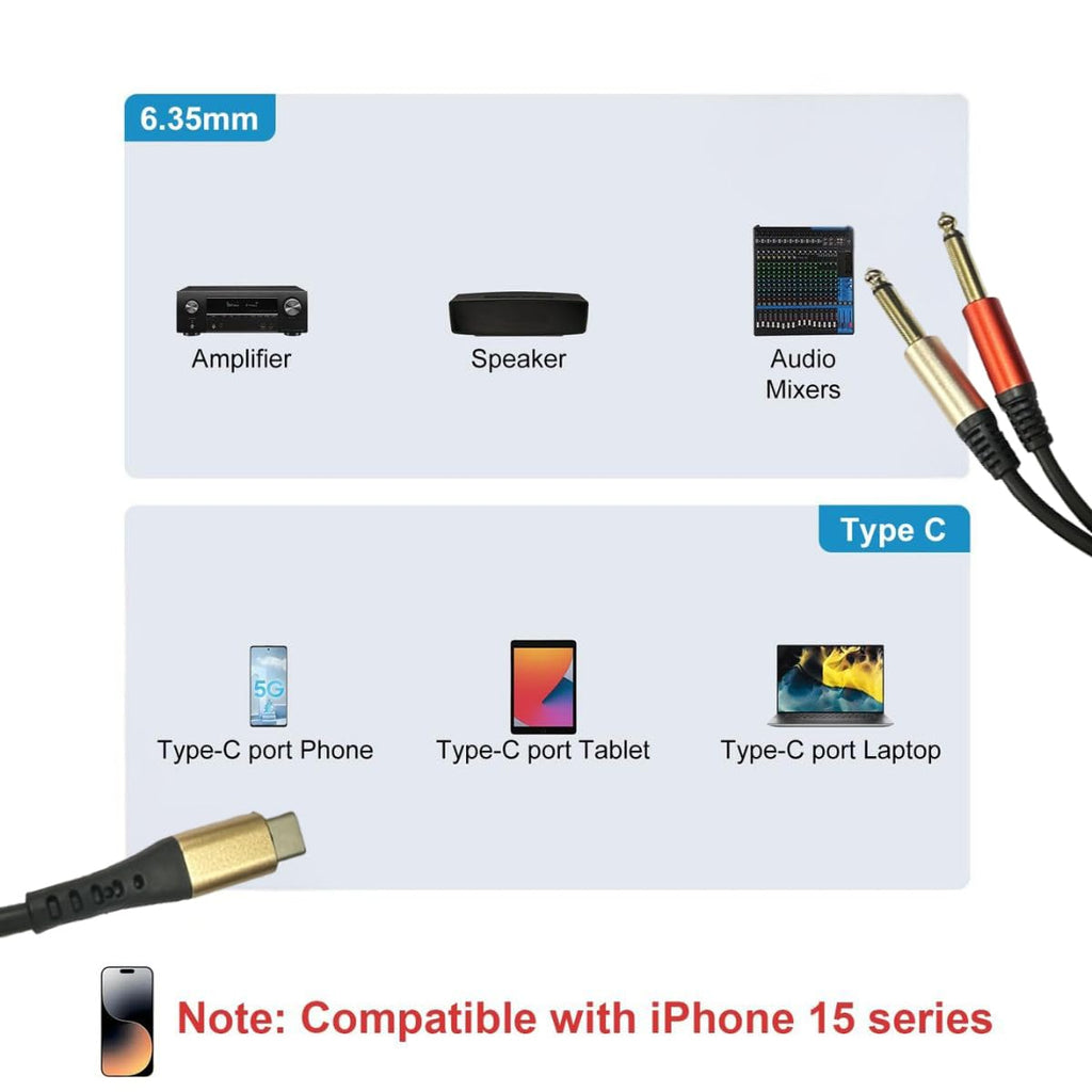 MR Type-C to Dual 6.5mm Audio Cable | USB-C to 2x 6.5mm Jack | Stereo Output | Mixer, Amplifier, Speaker Compatible
