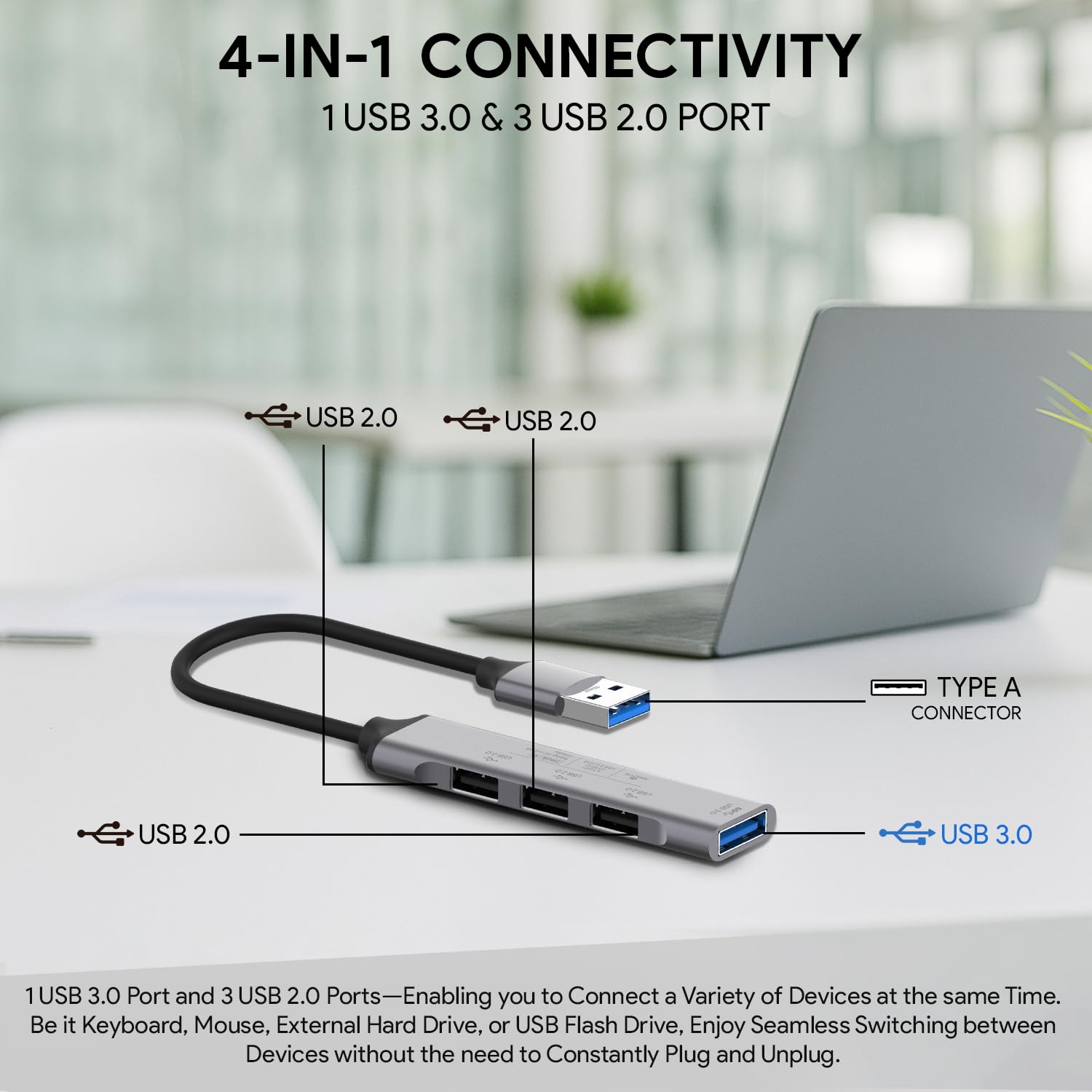 MR USB Hub 4 Port | USB 3.0 Splitter | High Speed Data Transfer | Multi USB Adapter | Laptop/Desktop Compatible
