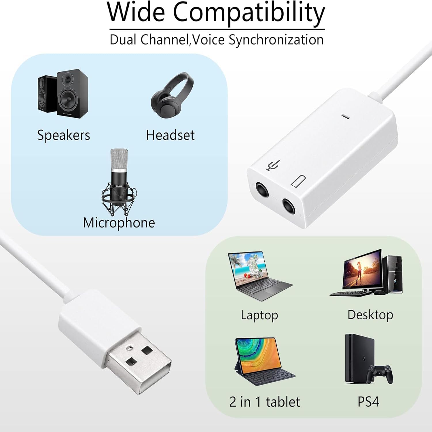 Manuchi USB Sound Card Adapter – 2 in 1 Audio Jack Splitter with Mic & Headphone Support | Plug & Play | Universal Compatibility
