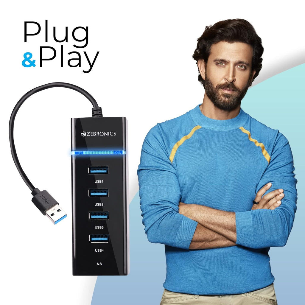 MR 300HB 4 Port USB 3.0 Hub with Hi-Speed Data Transfer, LED Indication, 15cm Cable, Backward Compatible, Multi Device Connection, Plug Play Usage, Glossy Finish and Lightweight Design
