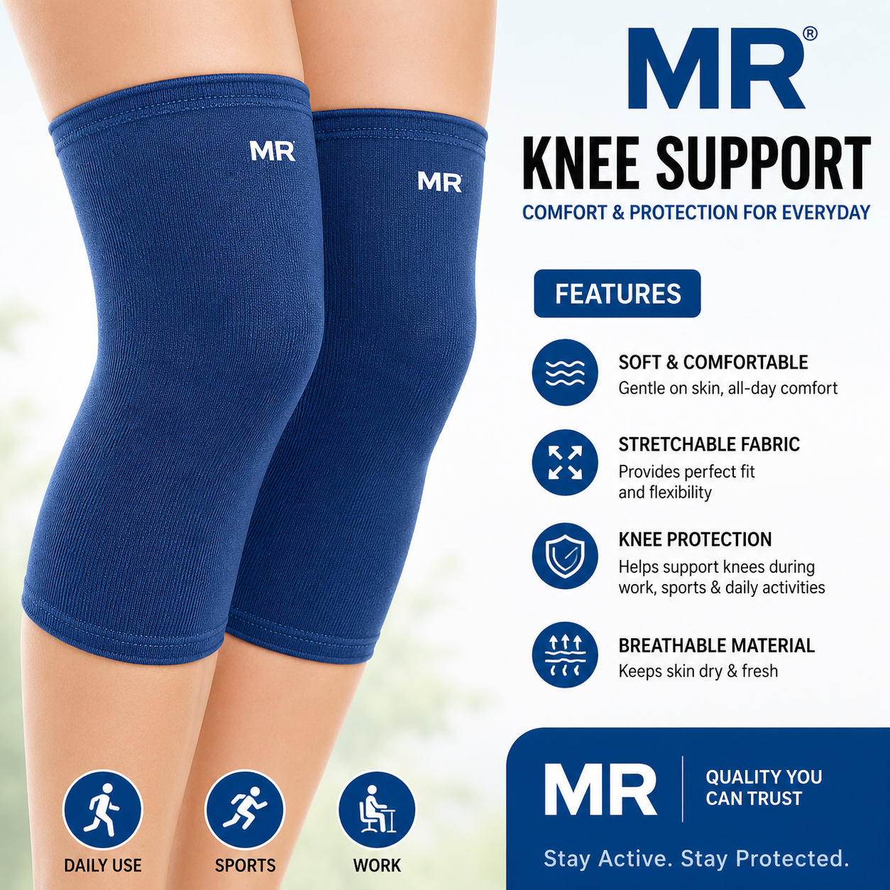 MR Performance Knee Sleeves | Knee Compression Support for Sports, Gym, Running & Daily Activities | Blue