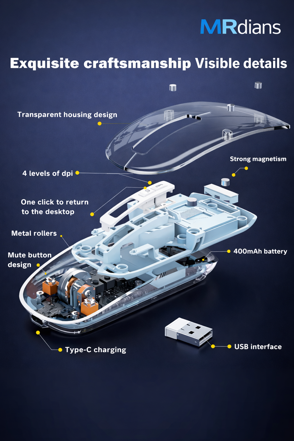 MR Transparent Wireless Rechargeable Mouse | Bluetooth + USB Dual Mode | 1800 DPI | RGB Light | Compatible with Laptop, PC & Mobile