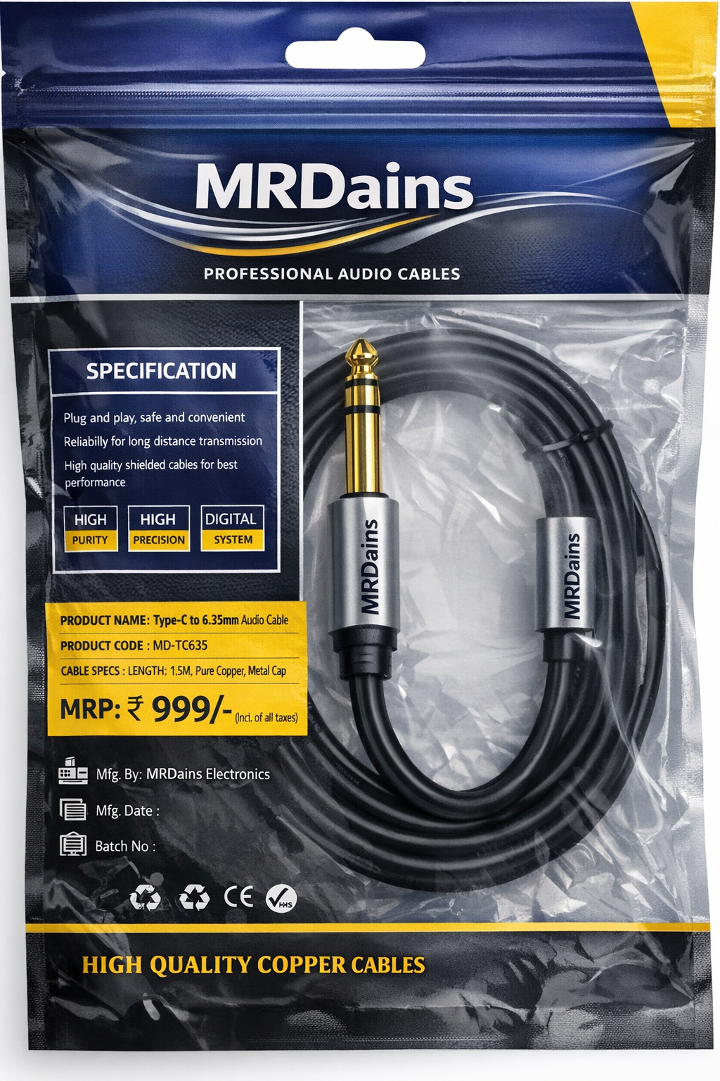 MR Type-C to 6.5mm Audio Cable (Metal) | USB-C to 6.5mm Jack | Hi-Fi Sound | DAC Support | Mixer, Amplifier Compatible