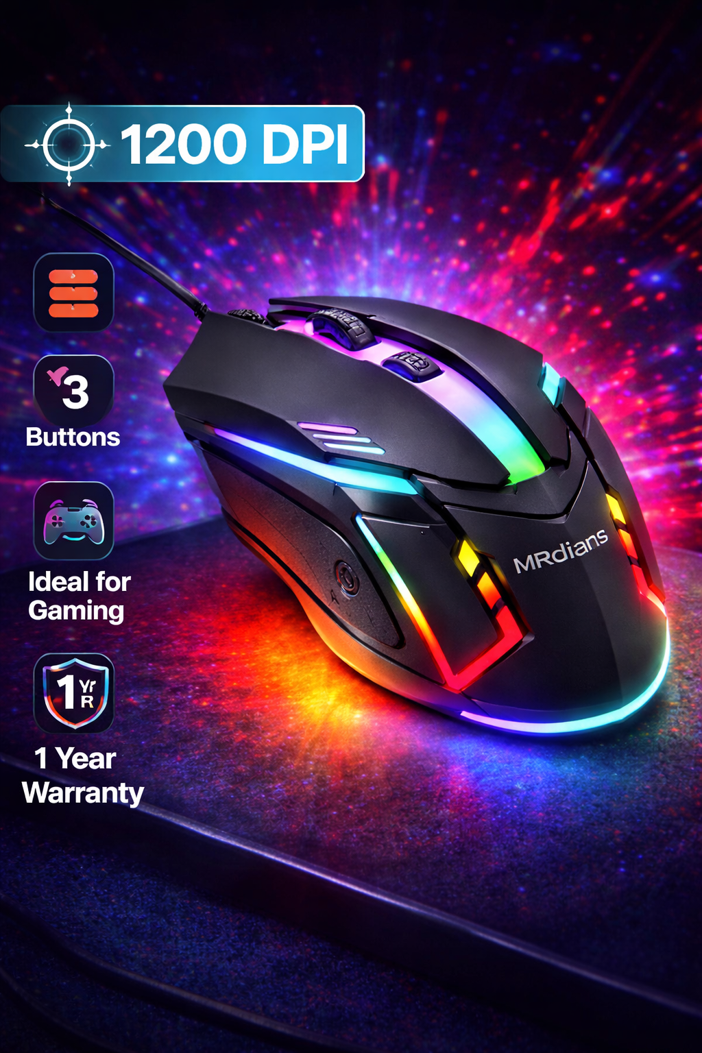 MR Gaming Wired Mouse | RGB Lights | High DPI | Ergonomic Design | USB Wired | Laptop/PC Compatible